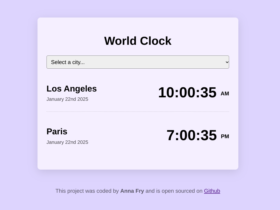 Screenshot of Anna's world clock project